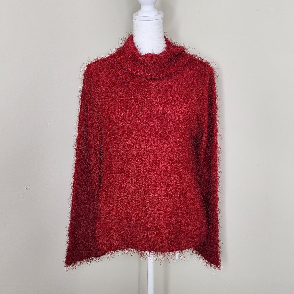 Carol Anderson Red Eyelash Cowl Neck Bell Sleeve Sweater Medium Holiday Party